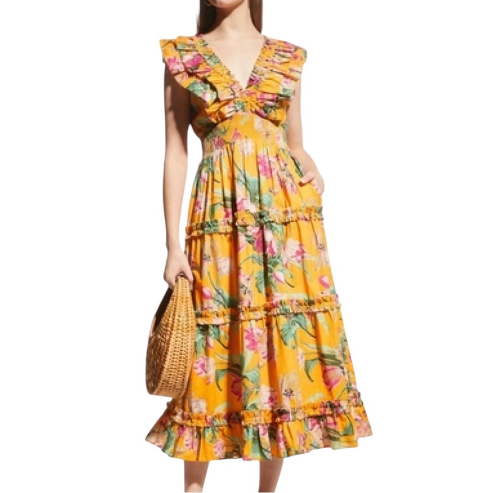 Love the Label Topanga Floral Yellow Tiered Midi Dress LARGE